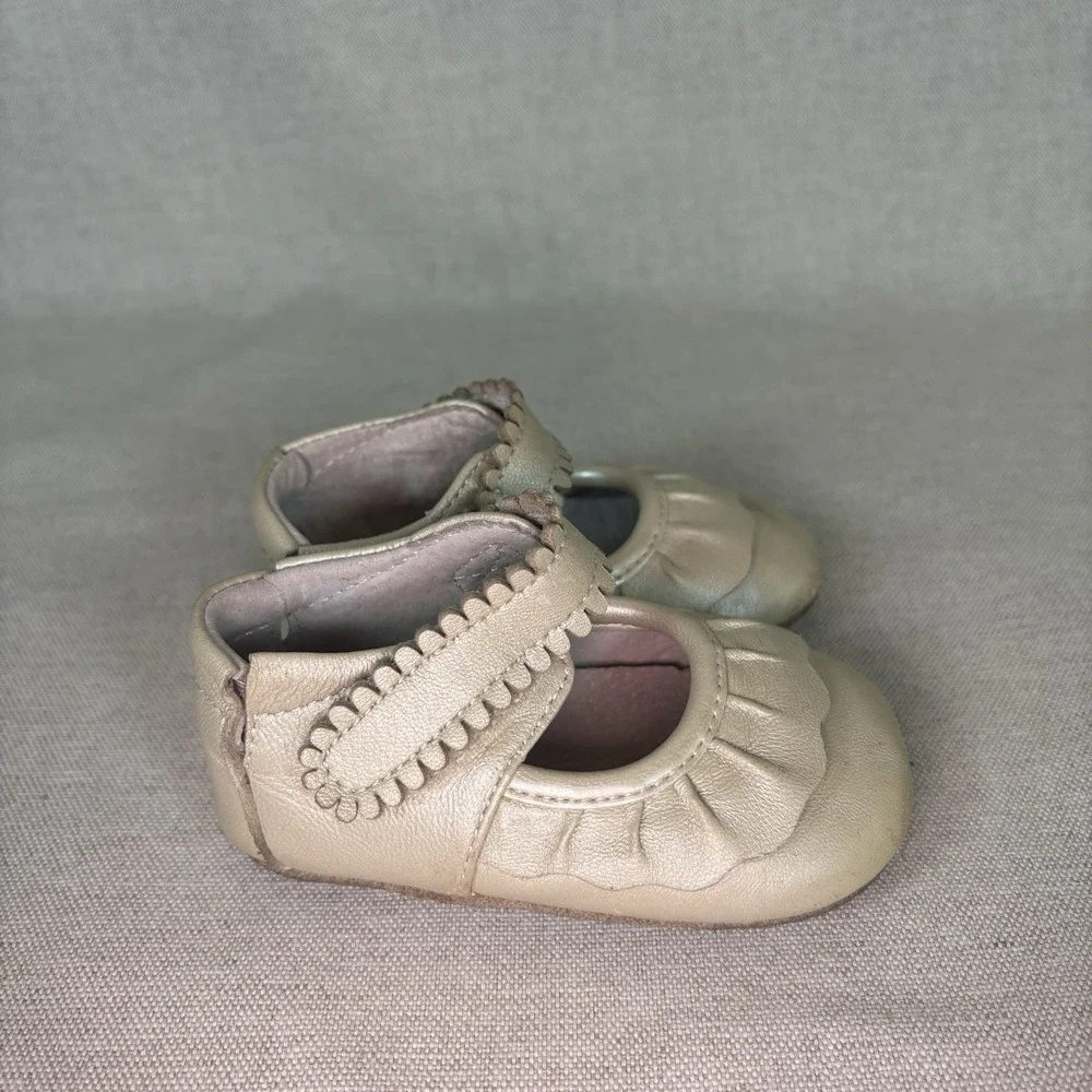 Livie And Luca Champagne Gold‎ Leather Ruche III Mary Jane Shoes 9-12 Months
